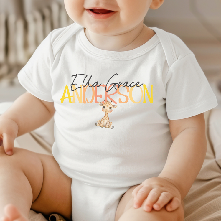 Personalized Baby Bodysuit, Short Sleeve White shirt with Custom Name Design, Giraffe Print