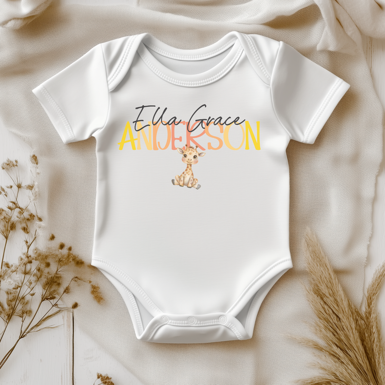 Personalized Baby Bodysuit, Short Sleeve White shirt with Custom Name Design, Giraffe Print
