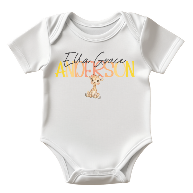 Personalized Baby Bodysuit, Short Sleeve White shirt with Custom Name Design, Giraffe Print