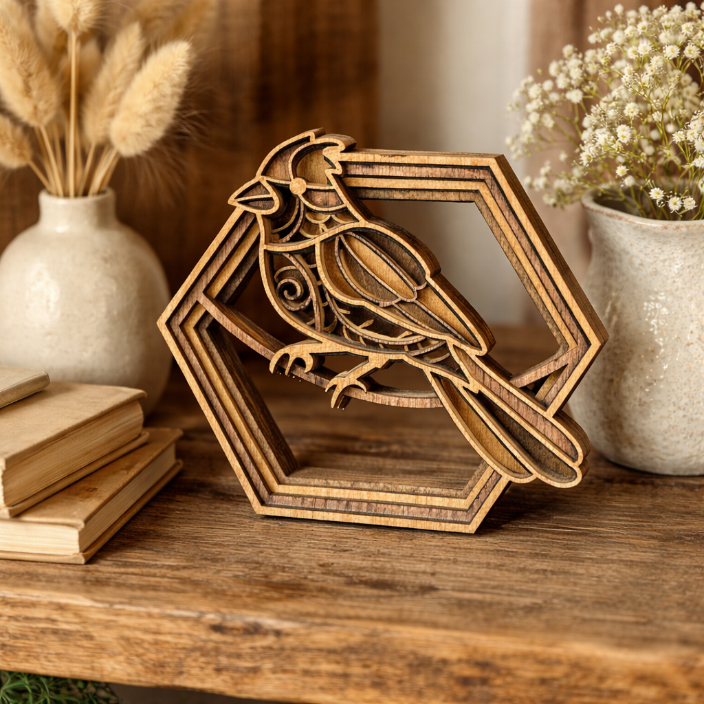 Layered Cardinal Wood Shelf Sitter – Handmade Birch Memorial Bird