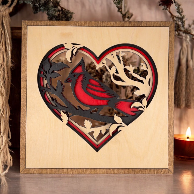 Layered Wooden Cardinal Heart Wall Art – Memorial & Sympathy Gift, Rustic Birch Wood Nature Decor