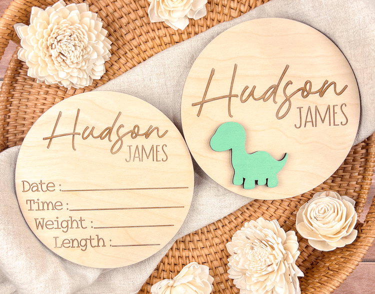 Personalized Wooden Birth Announcement Sign – Custom Baby Name Plaque with Dinosaur – Engraved Newborn Stats Board & Nursery Keepsake