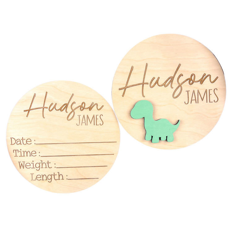 Personalized Wooden Birth Announcement Sign – Custom Baby Name Plaque with Dinosaur – Engraved Newborn Stats Board & Nursery Keepsake