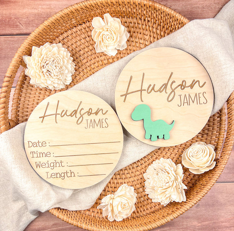 Dinosaur Themed Baby Name Sign – Personalized Wooden Birth Announcement – Custom Nursery Decor – Unique Baby Shower Gift