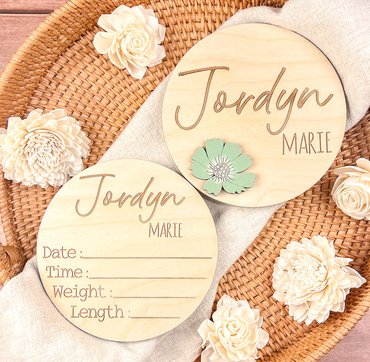 Floral Personalized Baby Name Sign – Custom Wooden Birth Announcement for Hospital