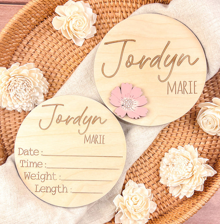 Floral Personalized Baby Name Sign – Custom Wooden Birth Announcement for Hospital