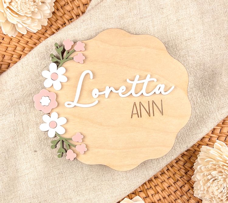Custom Baby Name Sign for Hospital – Wooden Name Plaque with 3D Floral Design – Personalized Nursery Decor – Birth Announcement Keepsake