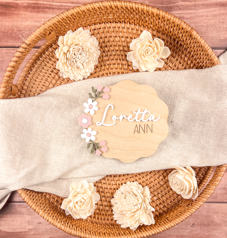 Custom Baby Name Sign for Hospital – Wooden Name Plaque with 3D Floral Design – Personalized Nursery Decor – Birth Announcement Keepsake