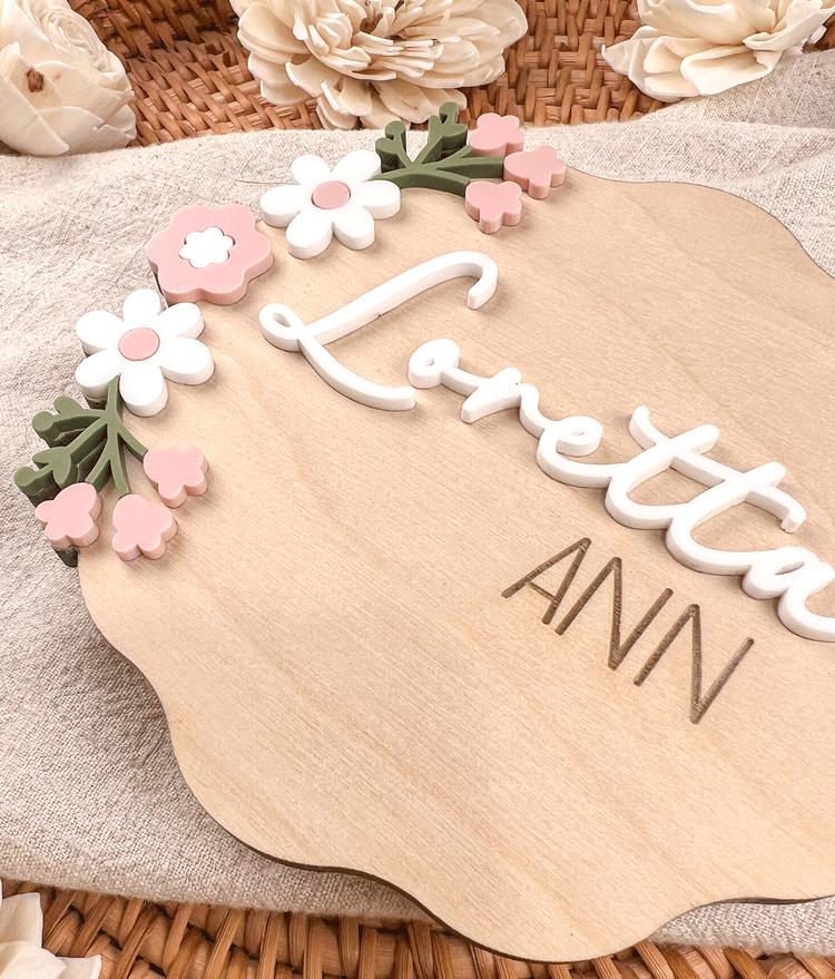 Custom Baby Name Sign for Hospital – Wooden Name Plaque with 3D Floral Design – Personalized Nursery Decor – Birth Announcement Keepsake