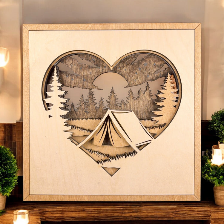 Camping Heart Wood Sign, Layered Camping Decor, Rustic Cabin Wall Art, Camper Gift for Outdoor Lover, Nature Inspired Home Decor