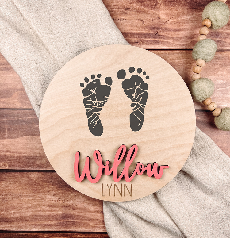 Personalized Baby Birth Announcements - Custom Wood Name Sign with Footprint Keepsake