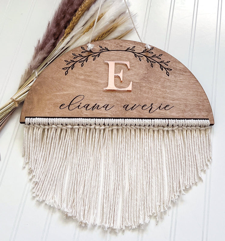 Wooden Boho Macrame Floral Above the Crib Baby Name Sign for Girl Nursery