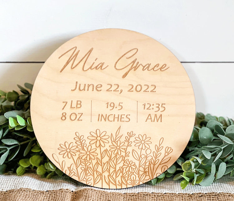 Personalized Engraved Wood Birth Announcement Sign with Baby's Name and Birth Stats