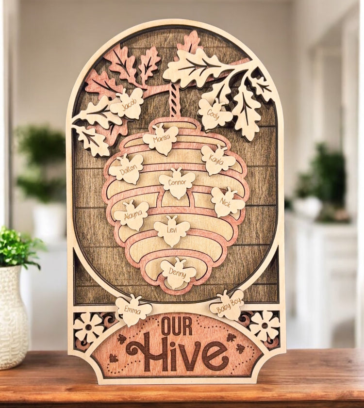 Personalized Family Tree Sign with Names – Custom Mom or Grandma Gift, Our Hive Wood Keepsake for Mother’s Day