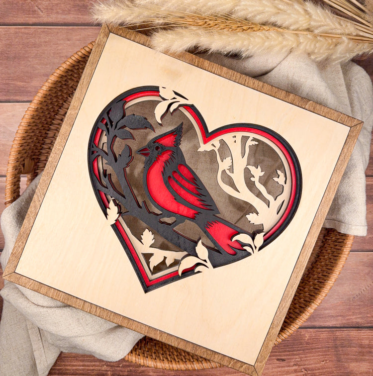 Layered Wooden Cardinal Heart Wall Art – Memorial & Sympathy Gift, Rustic Birch Wood Nature Decor
