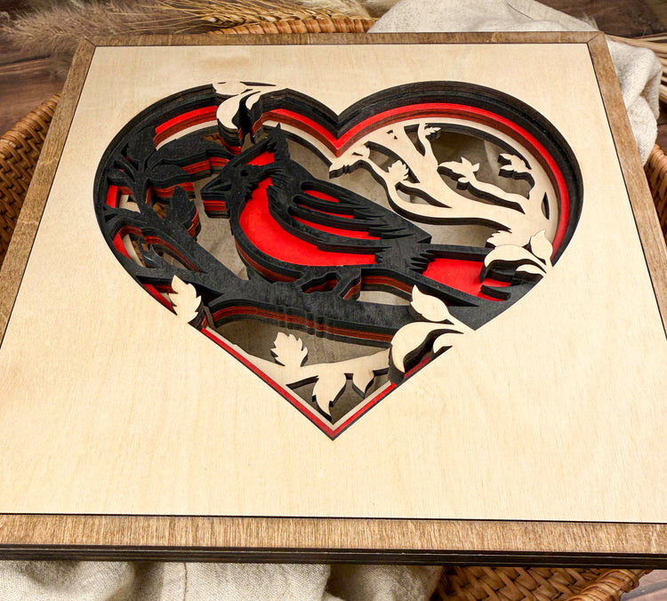 Layered Wooden Cardinal Heart Wall Art – Memorial & Sympathy Gift, Rustic Birch Wood Nature Decor
