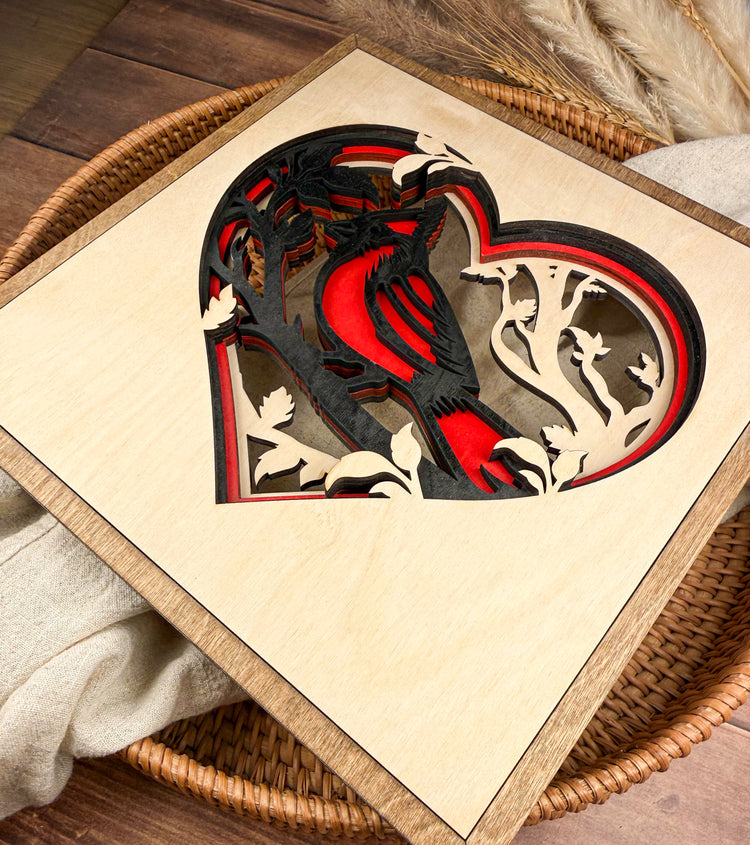 Layered Wooden Cardinal Heart Wall Art – Memorial & Sympathy Gift, Rustic Birch Wood Nature Decor