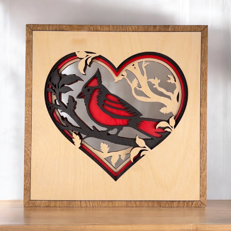 Layered Wooden Cardinal Heart Wall Art – Memorial & Sympathy Gift, Rustic Birch Wood Nature Decor