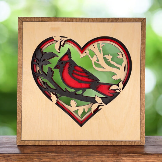 Layered Wooden Cardinal Heart Wall Art – Memorial & Sympathy Gift, Rustic Birch Wood Nature Decor