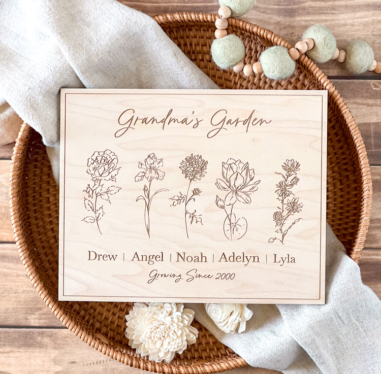 Personalized Grandma's Garden Sign, Custom Birth Flower Engraving, Wood Wall Decor