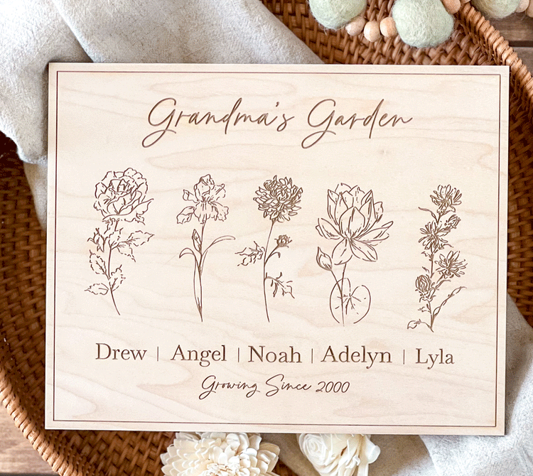 Personalized Grandma's Garden Sign, Custom Birth Flower Engraving, Wood Wall Decor