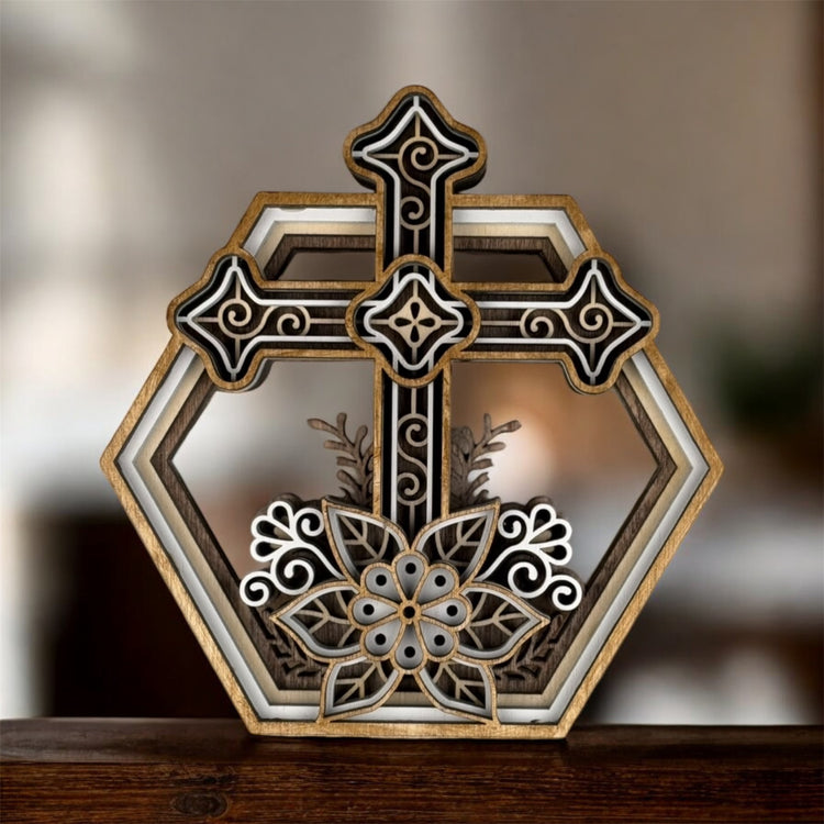 Small Wooden Cross Shelf Sitter – Layered Birch Christian Cross Decor for Prayer Room, Desk & Home, Rustic Religious Home Decor