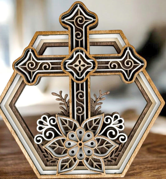 Small Wooden Cross Shelf Sitter – Layered Birch Christian Cross Decor for Prayer Room, Desk & Home, Rustic Religious Home Decor