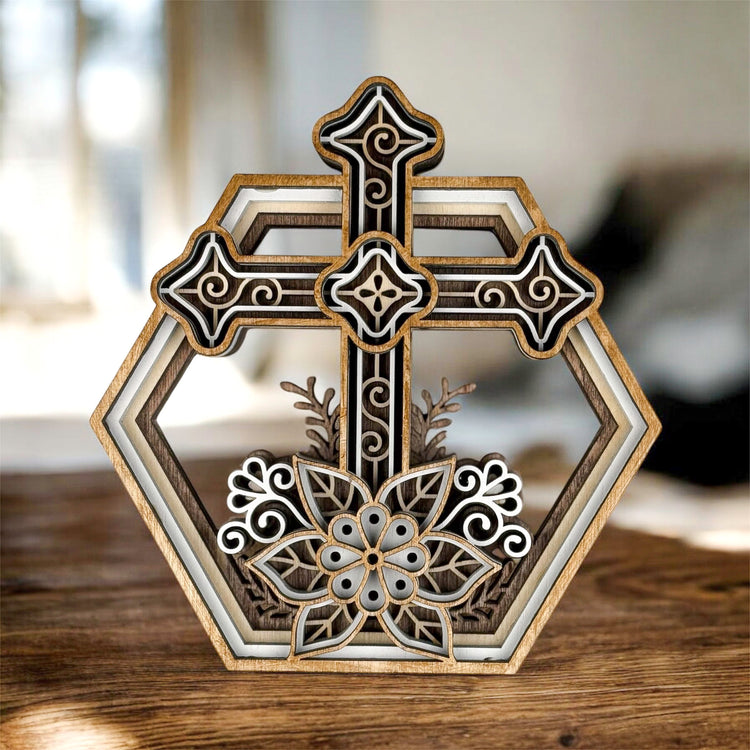 Small Wooden Cross Shelf Sitter – Layered Birch Christian Cross Decor for Prayer Room, Desk & Home, Rustic Religious Home Decor