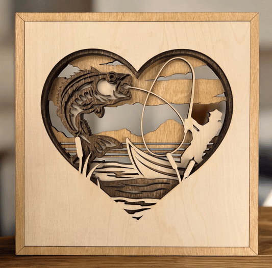 Fishing Gift for Dad – Layered Birch Wood Fisherman Wall Art – Bass Fishing Decor for Grandpa, Lake House or Man Cave