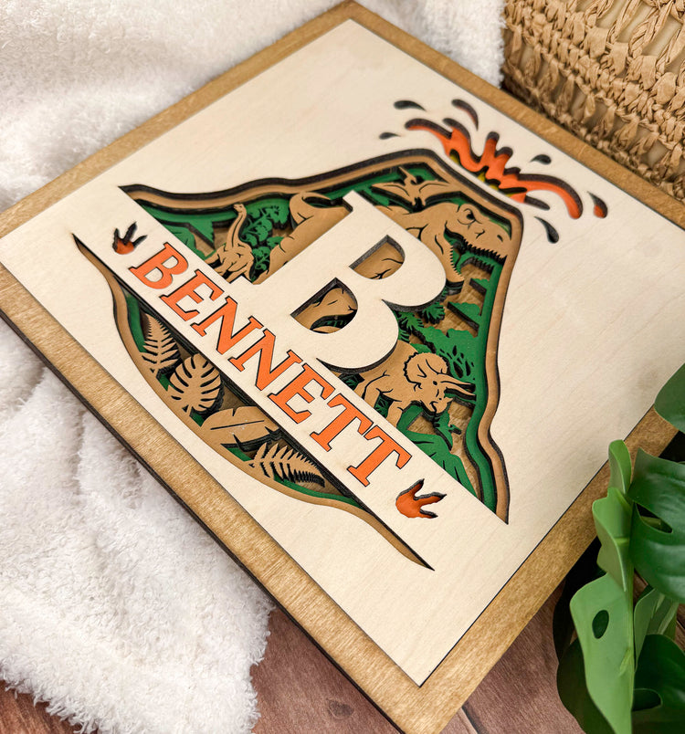 Personalized Dinosaur Name Sign | Layered Wood Boys Room Decor