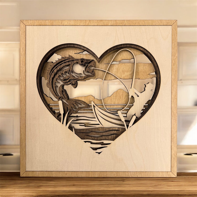 Fishing Gift for Dad – Layered Birch Wood Fisherman Wall Art – Bass Fishing Decor for Grandpa, Lake House or Man Cave