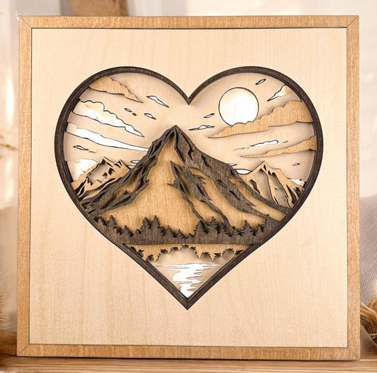 Layered Mountain Heart Wood Sign | Rustic Nature Wall Decor & Meaningful Gift