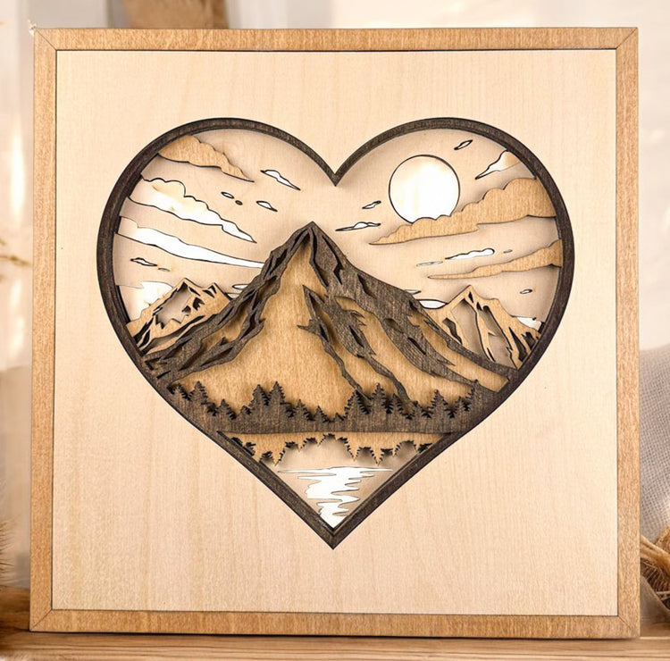 Layered Mountain Heart Wood Sign | Rustic Nature Wall Decor & Meaningful Gift