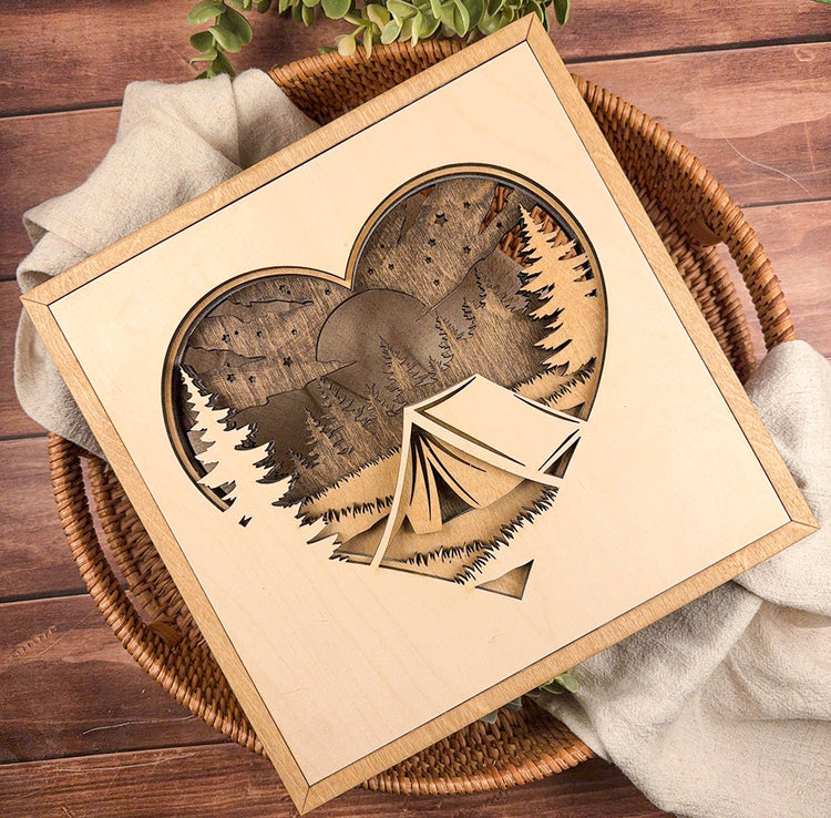 Camping Heart Wood Sign, Layered Camping Decor, Rustic Cabin Wall Art, Camper Gift for Outdoor Lover, Nature Inspired Home Decor