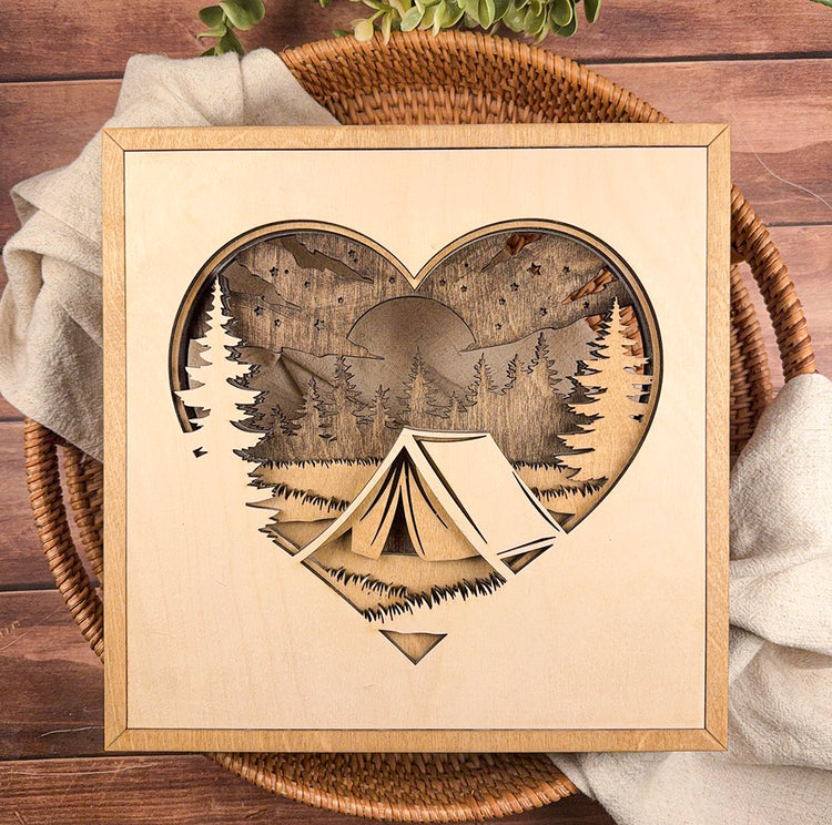 Camping Heart Wood Sign, Layered Camping Decor, Rustic Cabin Wall Art, Camper Gift for Outdoor Lover, Nature Inspired Home Decor