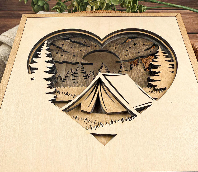 Camping Heart Wood Sign, Layered Camping Decor, Rustic Cabin Wall Art, Camper Gift for Outdoor Lover, Nature Inspired Home Decor