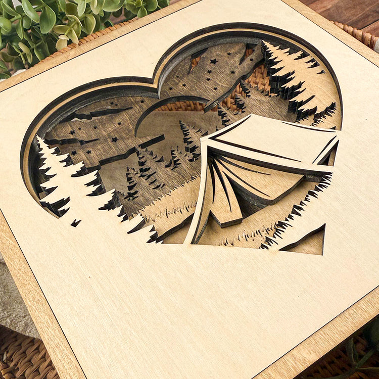 Camping Heart Wood Sign, Layered Camping Decor, Rustic Cabin Wall Art, Camper Gift for Outdoor Lover, Nature Inspired Home Decor