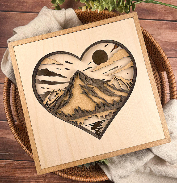 Layered Mountain Heart Wood Sign | Rustic Nature Wall Decor & Meaningful Gift