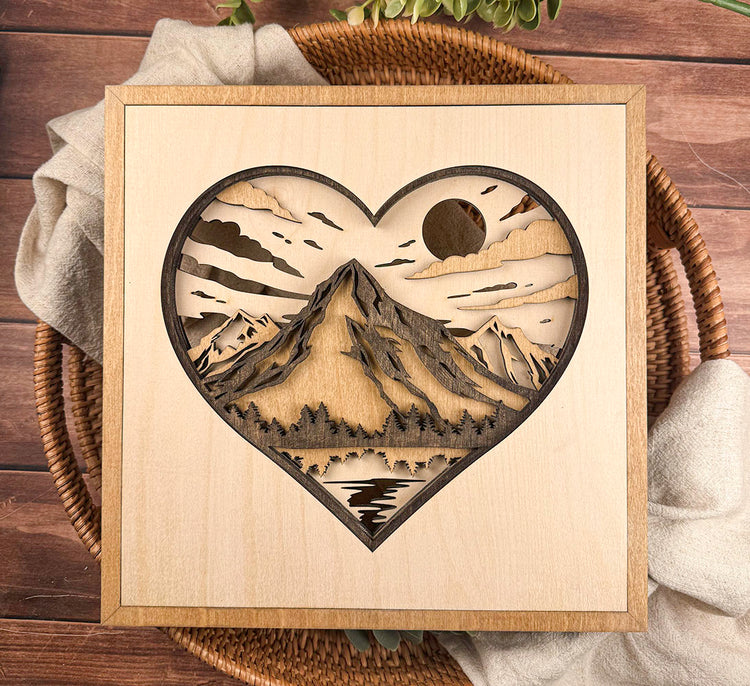Layered Mountain Heart Wood Sign | Rustic Nature Wall Decor & Meaningful Gift