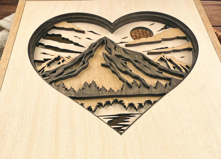 Layered Mountain Heart Wood Sign | Rustic Nature Wall Decor & Meaningful Gift