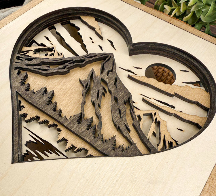 Layered Mountain Heart Wood Sign | Rustic Nature Wall Decor & Meaningful Gift