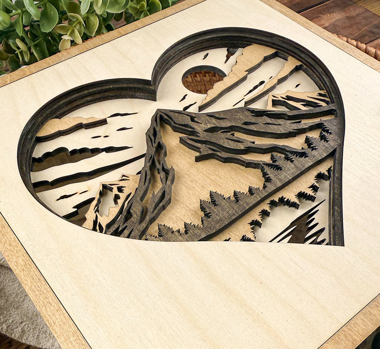 Layered Mountain Heart Wood Sign | Rustic Nature Wall Decor & Meaningful Gift