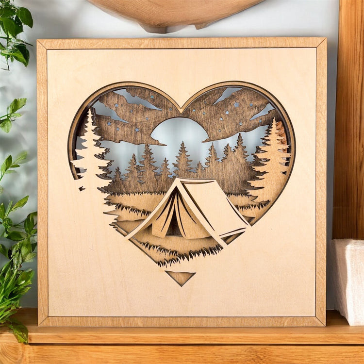 Camping Heart Wood Sign, Layered Camping Decor, Rustic Cabin Wall Art, Camper Gift for Outdoor Lover, Nature Inspired Home Decor