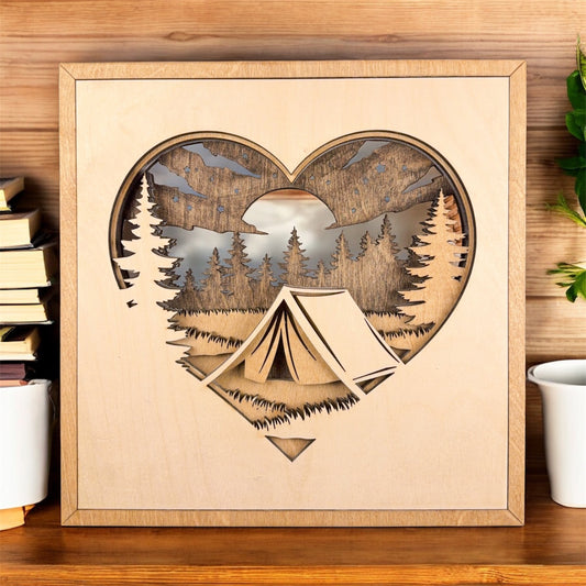Camping Heart Wood Sign, Layered Camping Decor, Rustic Cabin Wall Art, Camper Gift for Outdoor Lover, Nature Inspired Home Decor