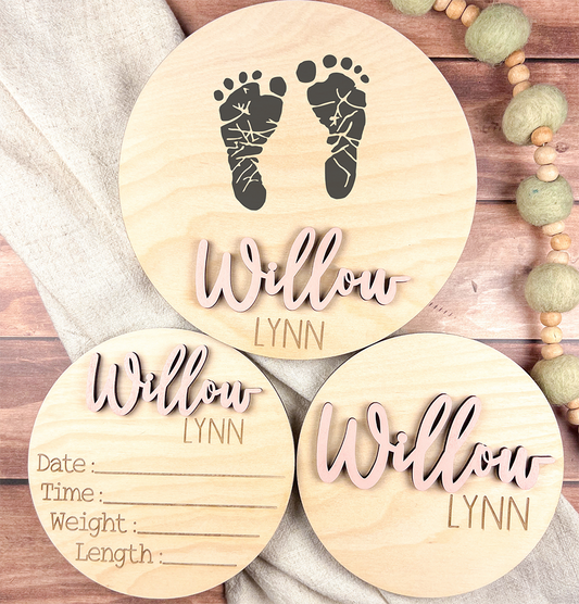 Personalized Baby Birth Announcements - Custom Wood Name Sign with Footprint Keepsake