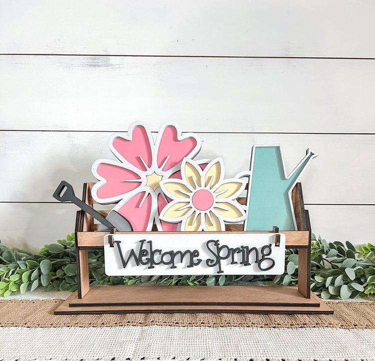 Welcome Spring Shelf Sitter Decor for Unique Kitchen Farmhouse Decor  Tiered Tray Decor, Coffee Bar Decor