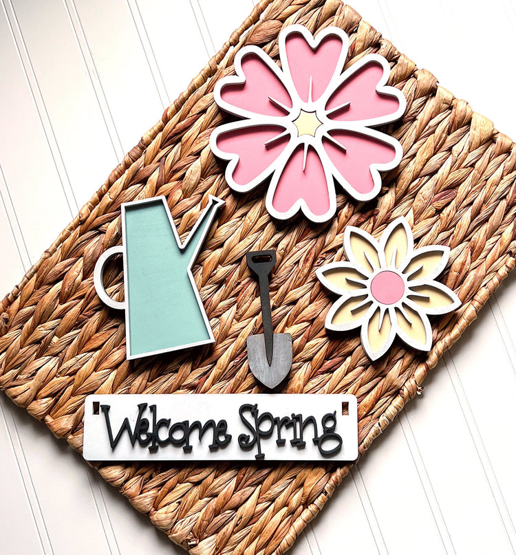 Welcome Spring Shelf Sitter Decor for Unique Kitchen Farmhouse Decor  Tiered Tray Decor, Coffee Bar Decor